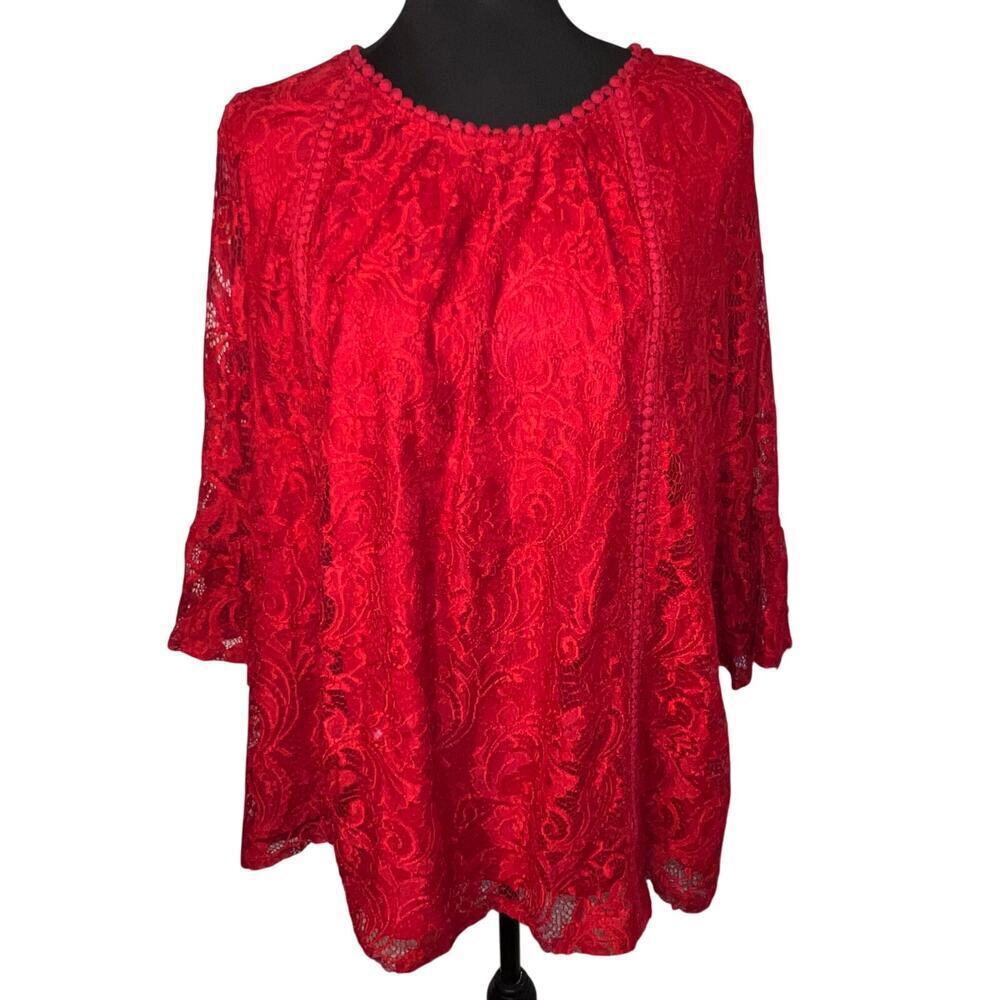 Liz Claiborne Womens1X Holiday Red Lace Overlay Bobble Neckline Sheer Bell Tunic